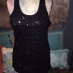 Black sequin and cotton racerback top w/ gold zipper on back!